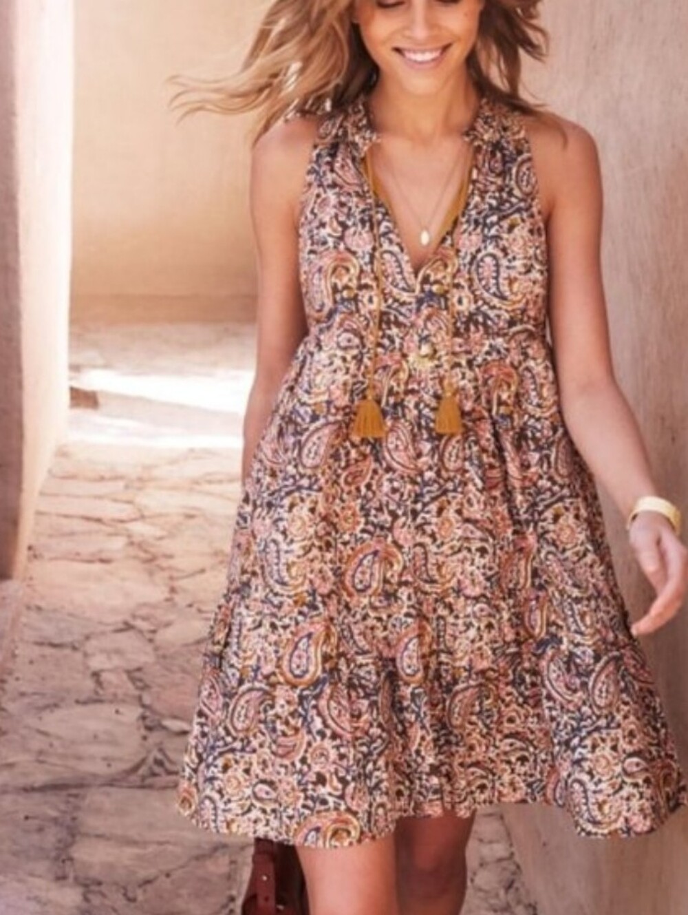 SEZANE Sleeveless Paisley Tiered Dress in Pink and Tan